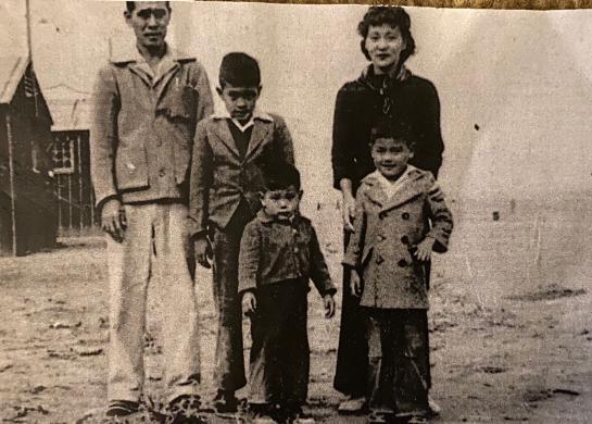Miyamoto father's family at Heart Mountain Relocation Camp, Wyoming