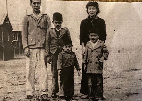 Miyamoto father's family at Heart Mountain Relocation Camp, Wyoming